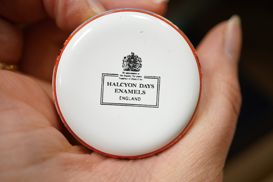 A collection of Halcyon Days enamel patch boxes, some cased. Condition - varies